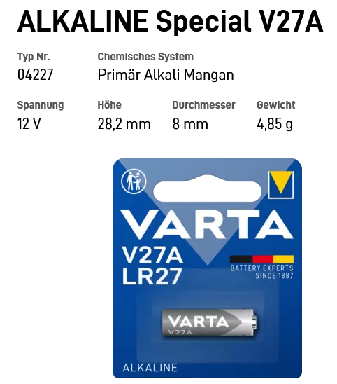 Varta 04227 Alkali-Mangan V27A 12V 20mAh