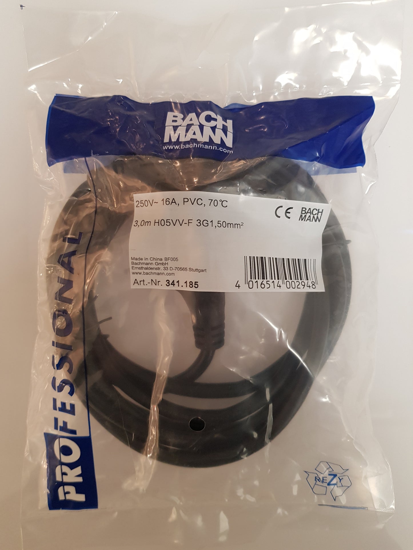 Bachmann Verlängerung 3m schwarz mit Schukostecker und Kupplung H05VV-F 3G1,5mm²