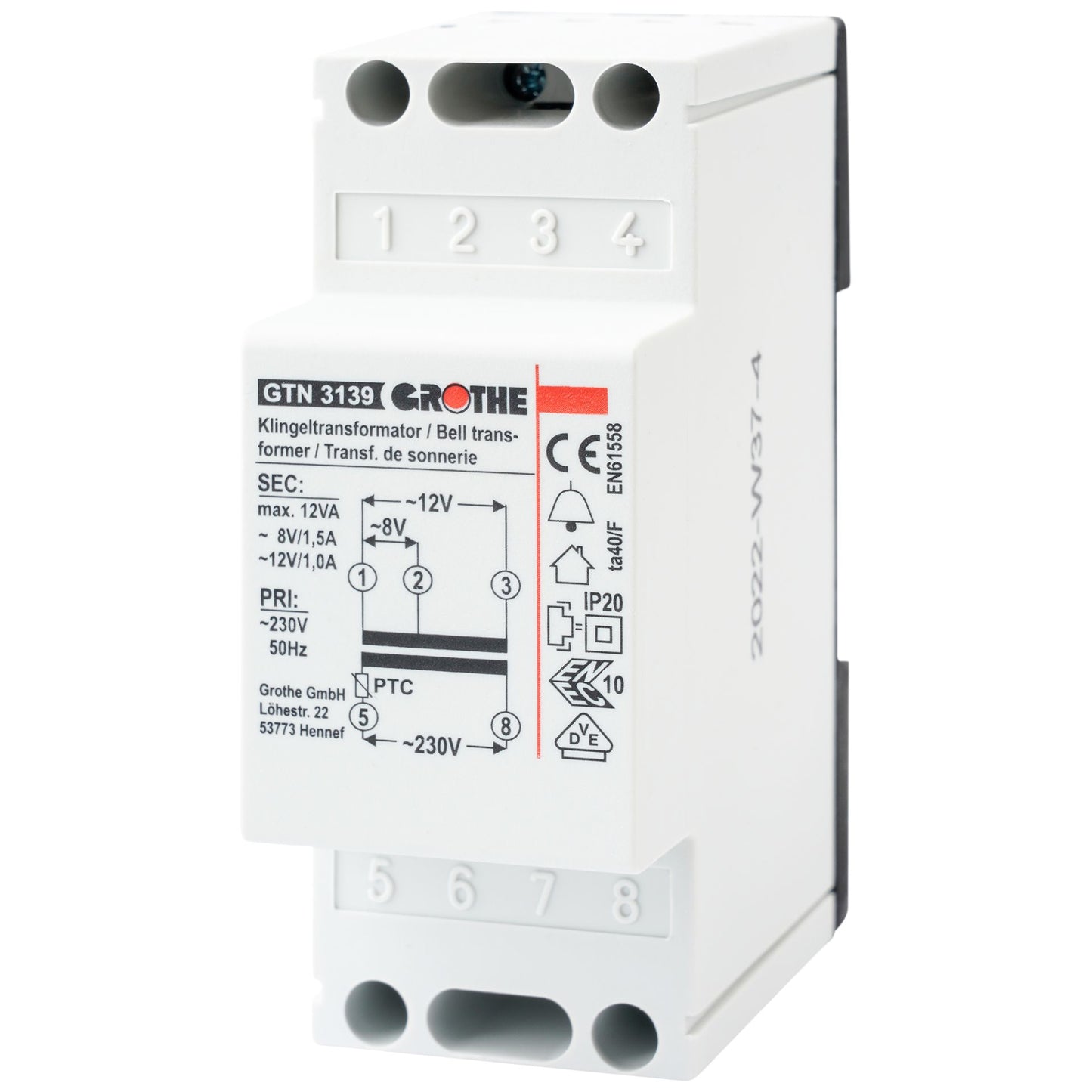 Grothe GT 3139 Klingeltransformator 8/12V~ (1,5/1,0A), kurzschlussfest PTC, 14039