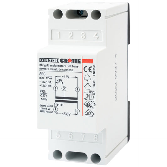Grothe GT 3139 Klingeltransformator 8/12V~ (1,5/1,0A), kurzschlussfest PTC, 14039